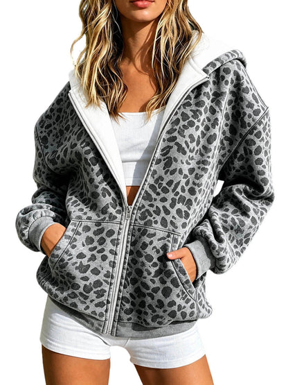 Denim Leopard Print Zip Up Hooded Jacket