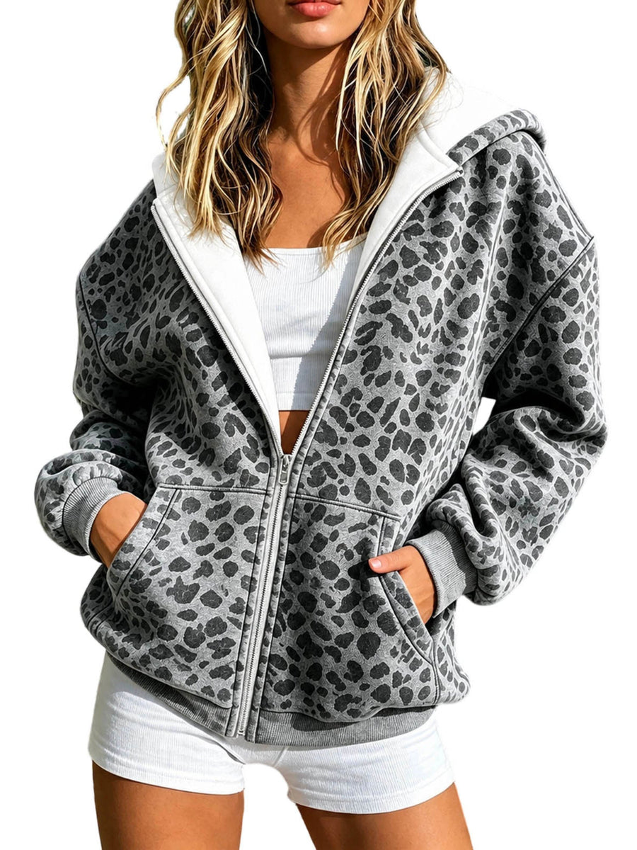 Denim Leopard Print Zip Up Hooded Jacket