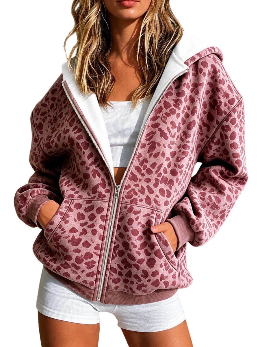 Denim Leopard Print Zip Up Hooded Jacket