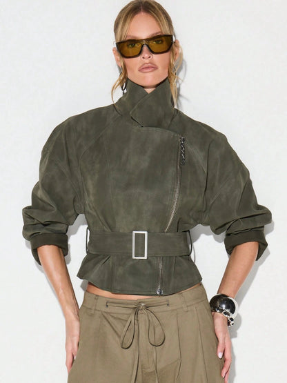 Olive Belted Waist Stand Collar Cropped Jacket