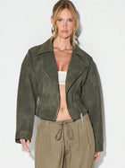 Olive Belted Waist Stand Collar Cropped Jacket