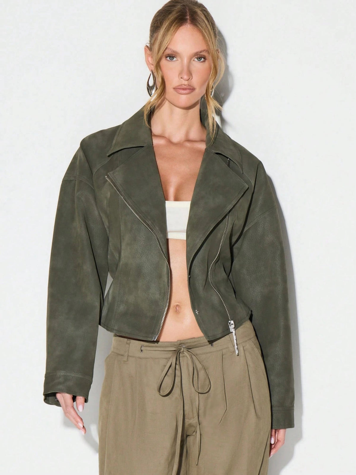 Olive Belted Waist Stand Collar Cropped Jacket