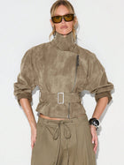 Olive Belted Waist Stand Collar Cropped Jacket