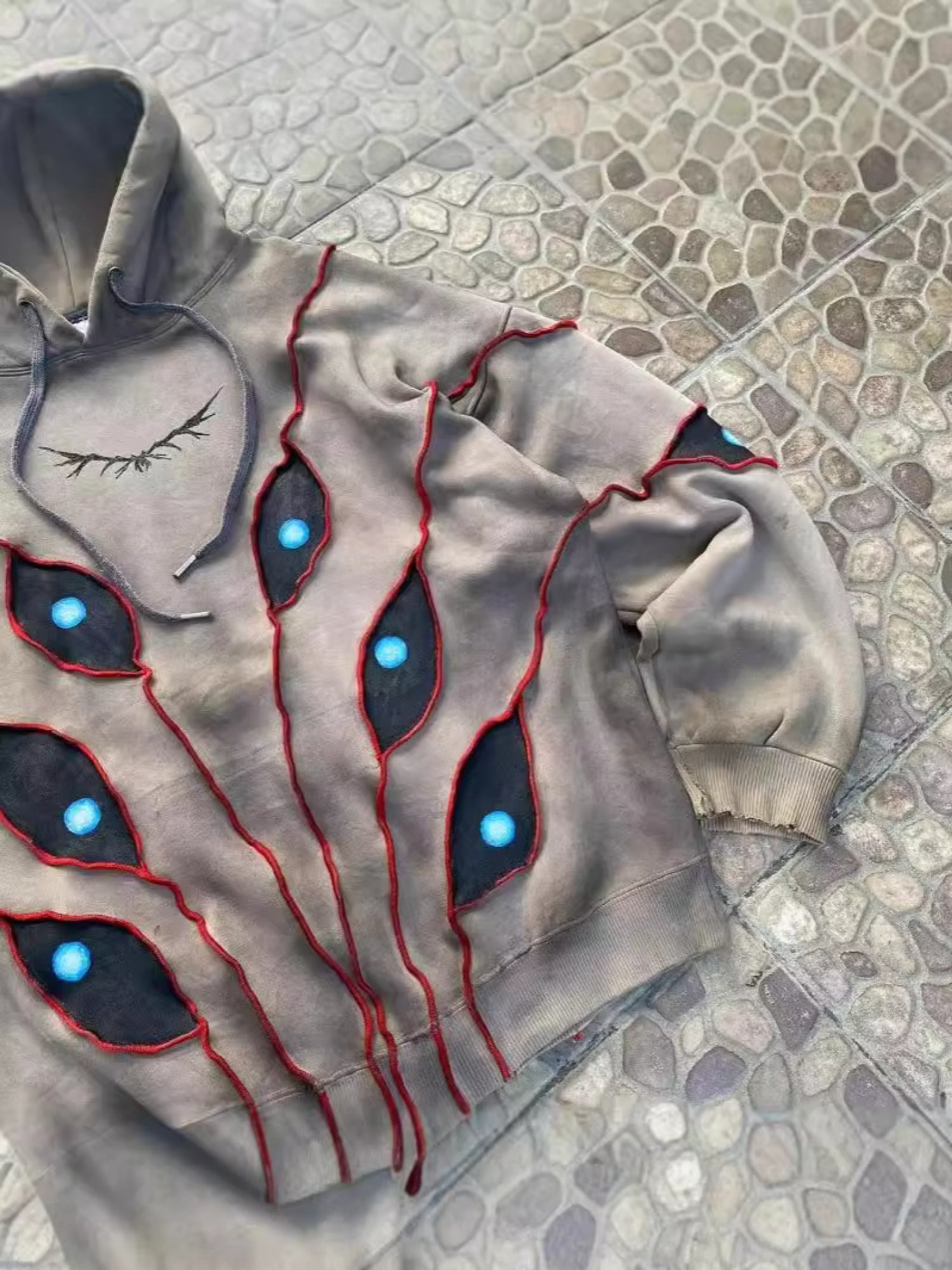Vintage Distressed Multi-Eye Patchwork Hoodie