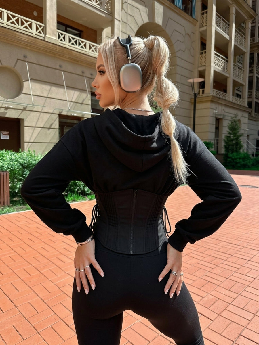 Lapel Drop Shoulder Sweatshirt Zip Corset Shaping