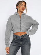 Casual Loose Fit Full Zip Cropped Sweatshirt