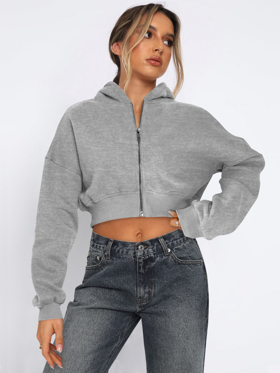 Casual Loose Fit Full Zip Cropped Sweatshirt