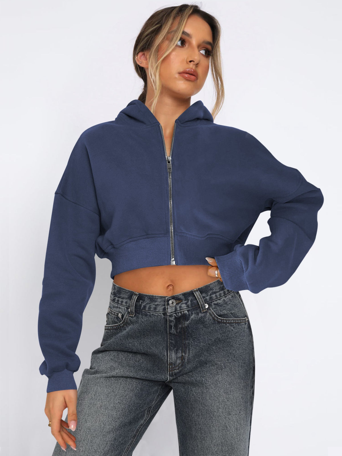 Casual Loose Fit Full Zip Cropped Sweatshirt