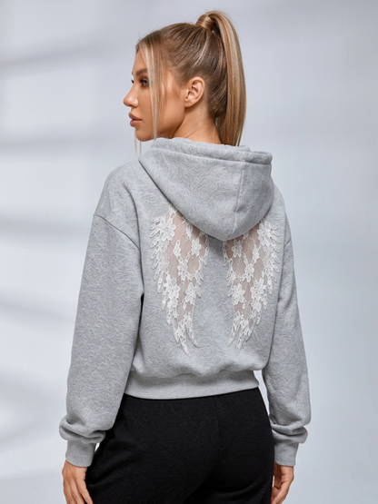 Lace Wing Back Embossed Cropped Hoodie