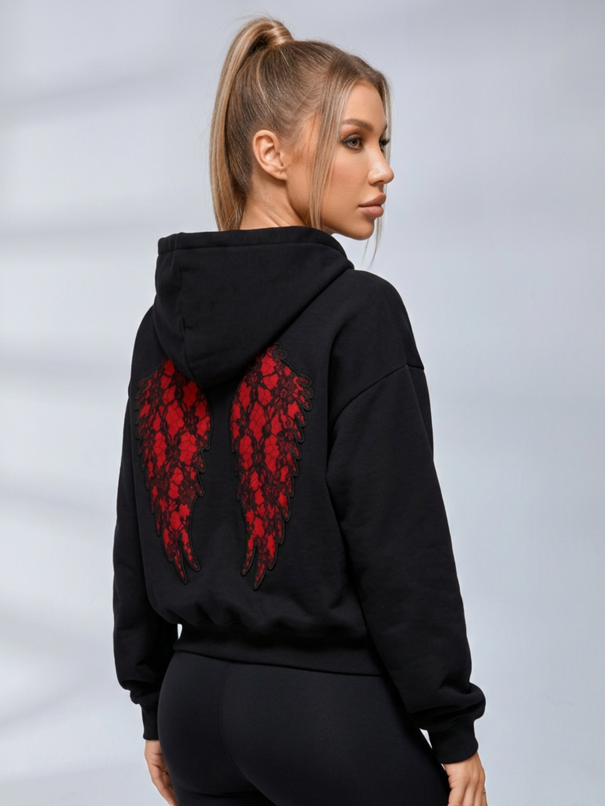 Lace Wing Back Embossed Cropped Hoodie