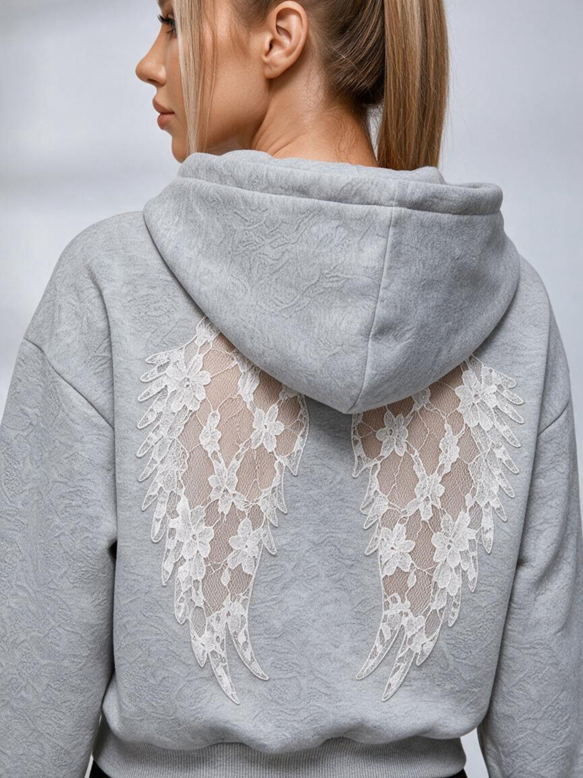 Lace Wing Back Embossed Cropped Hoodie