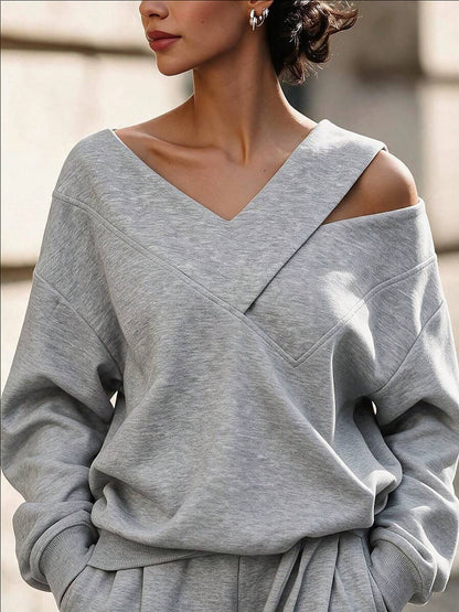 Women's Asymmetric V-Neck Off-Shoulder Pullover Sweatshirt
