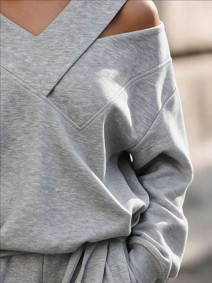 Women's Asymmetric V-Neck Off-Shoulder Pullover Sweatshirt