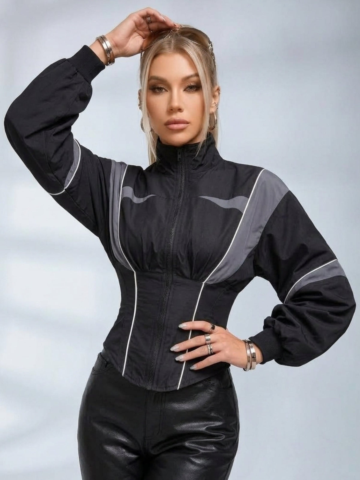 Color Block Cinched Waist Zip Up Jacket