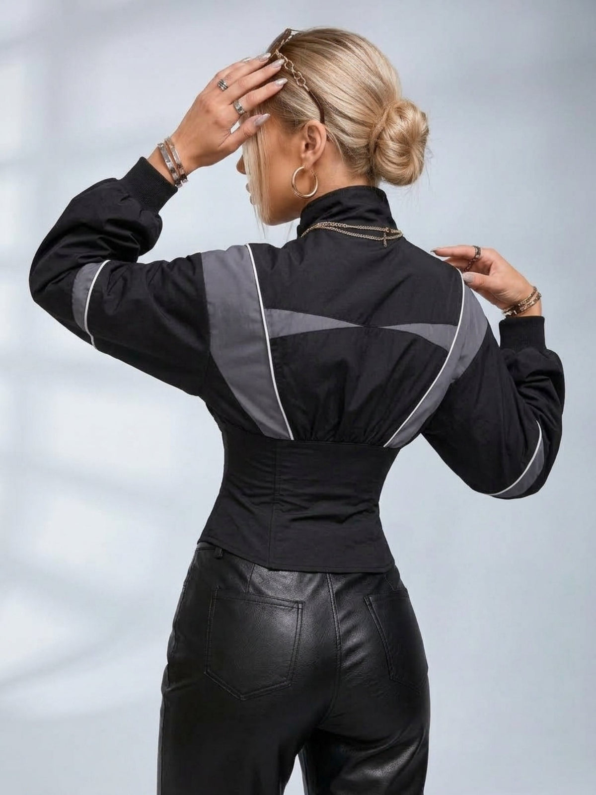 Color Block Cinched Waist Zip Up Jacket