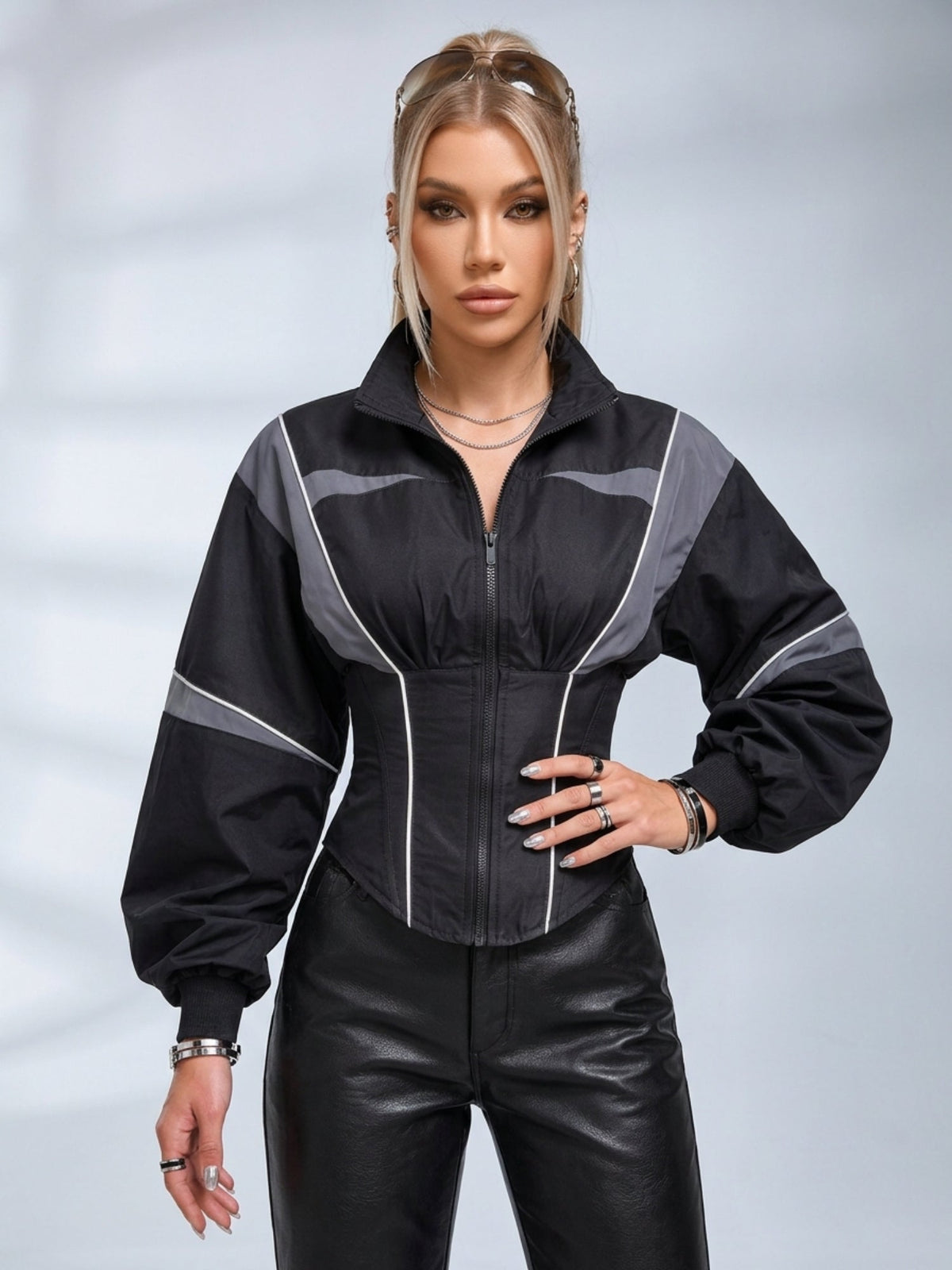 Color Block Cinched Waist Zip Up Jacket