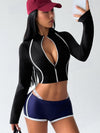 Contrast Line Stand Collar Zip Crop Workout Jacket