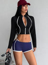 Contrast Line Stand Collar Zip Crop Workout Jacket