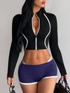 Contrast Line Stand Collar Zip Crop Workout Jacket