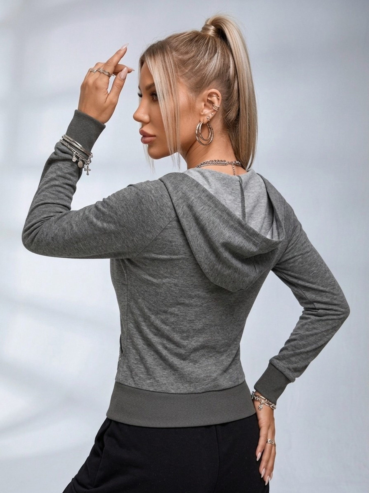 Rivet Decor Cropped Zip Up Hoodie