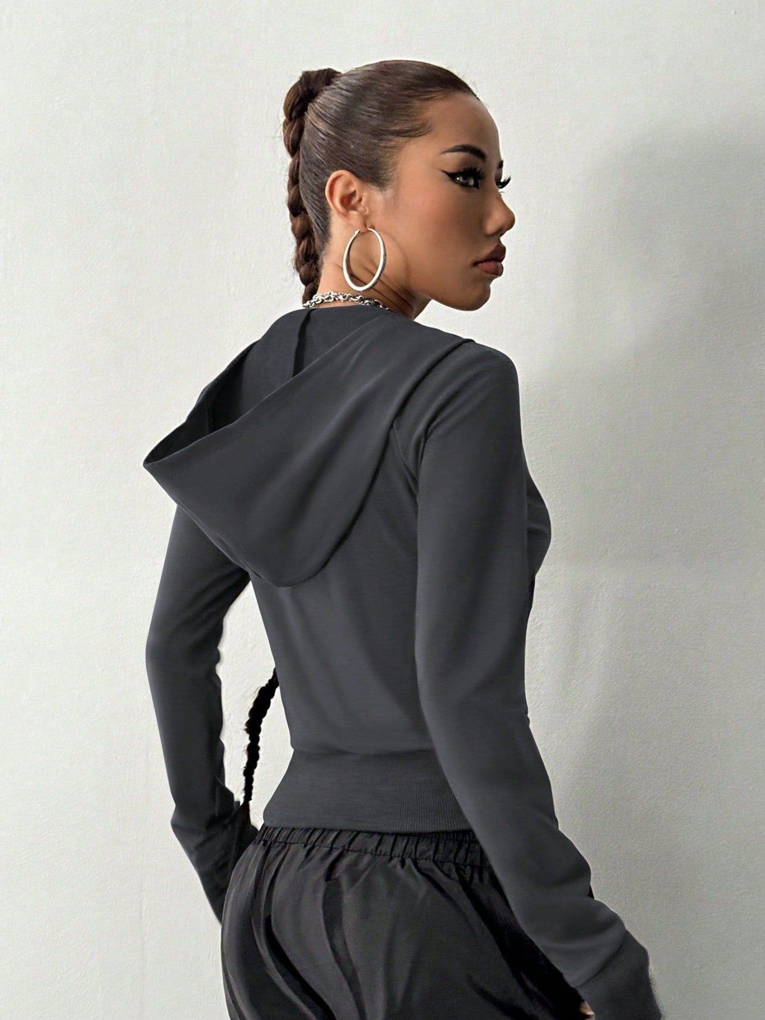 Rivet Decor Cropped Zip Up Hoodie