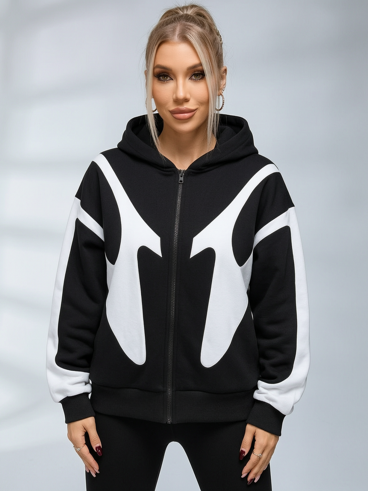 Balaclava Integrated Panel Print Zip Up Hooded Jacket