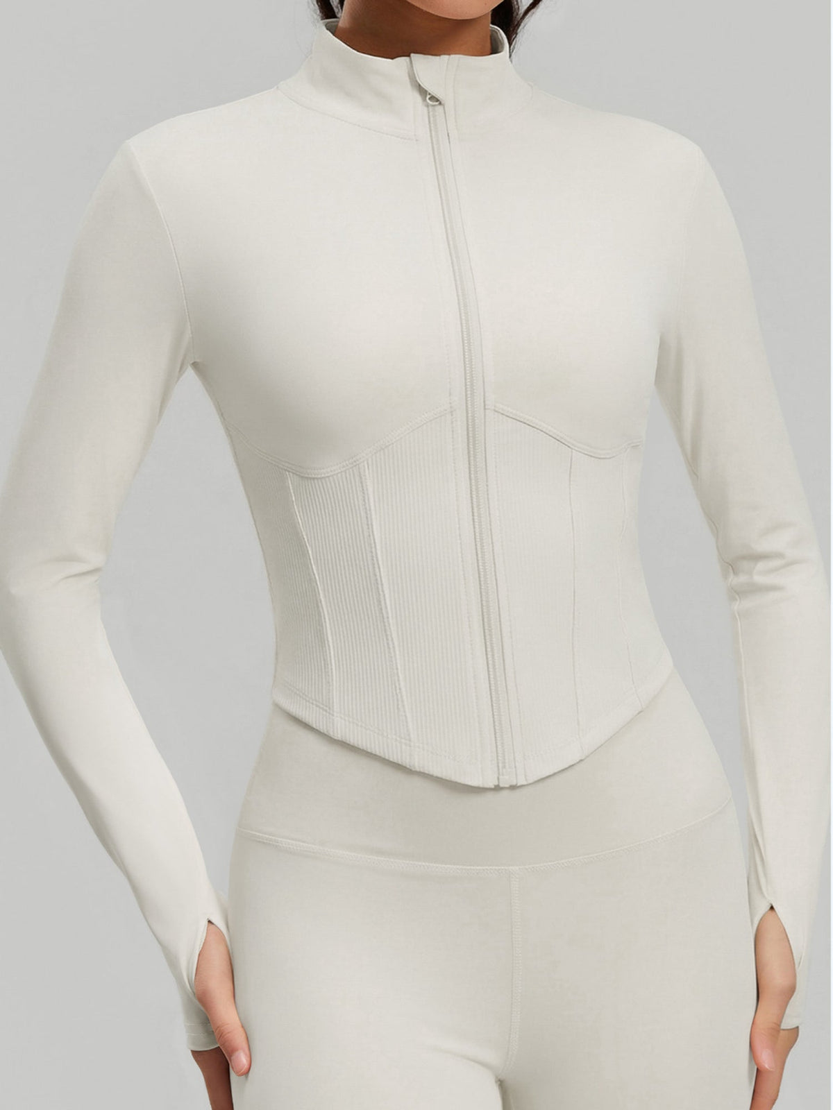 Thumb Hole Ribbed Zip Front Shaping Fitness Top
