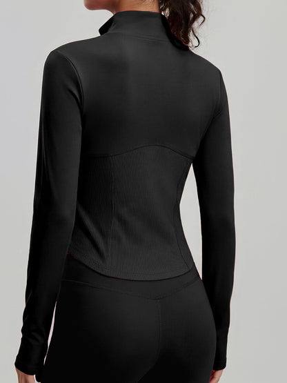 Thumb Hole Ribbed Zip Front Shaping Fitness Top