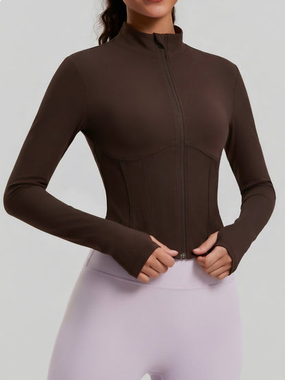 Thumb Hole Ribbed Zip Front Shaping Fitness Top