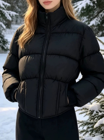 Long Sleeve Rib Cuff Cropped Winter Puffer Jacket