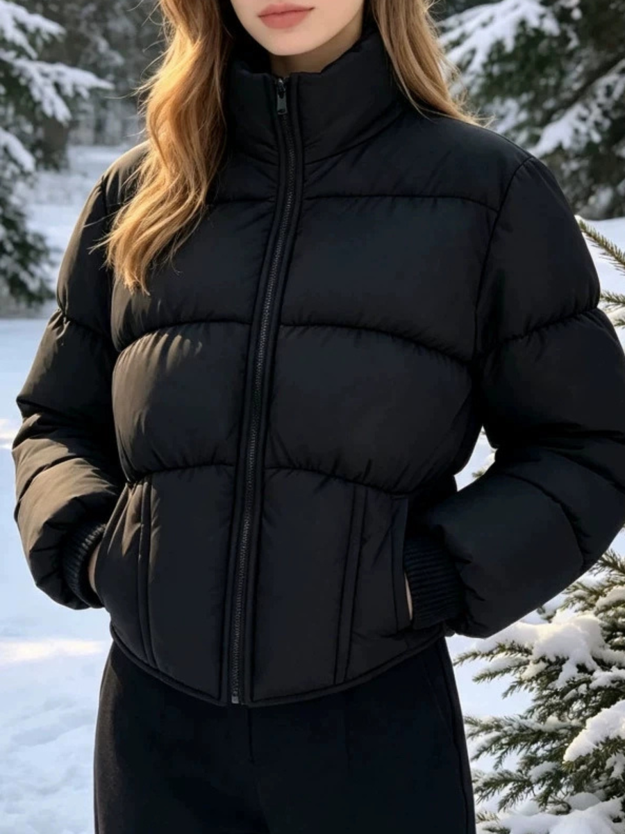 Long Sleeve Rib Cuff Cropped Winter Puffer Jacket
