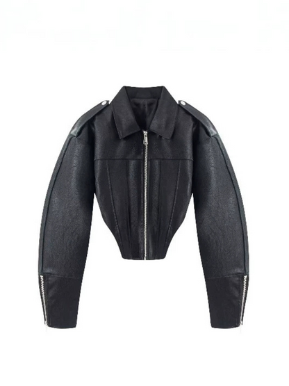 Zip Cuff Cropped Faux Leather Biker Jacket