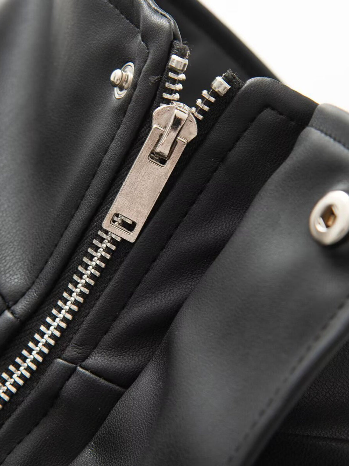 High Neck Button Front Slim Fit Faux Leather Jacket