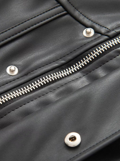 High Neck Button Front Slim Fit Faux Leather Jacket