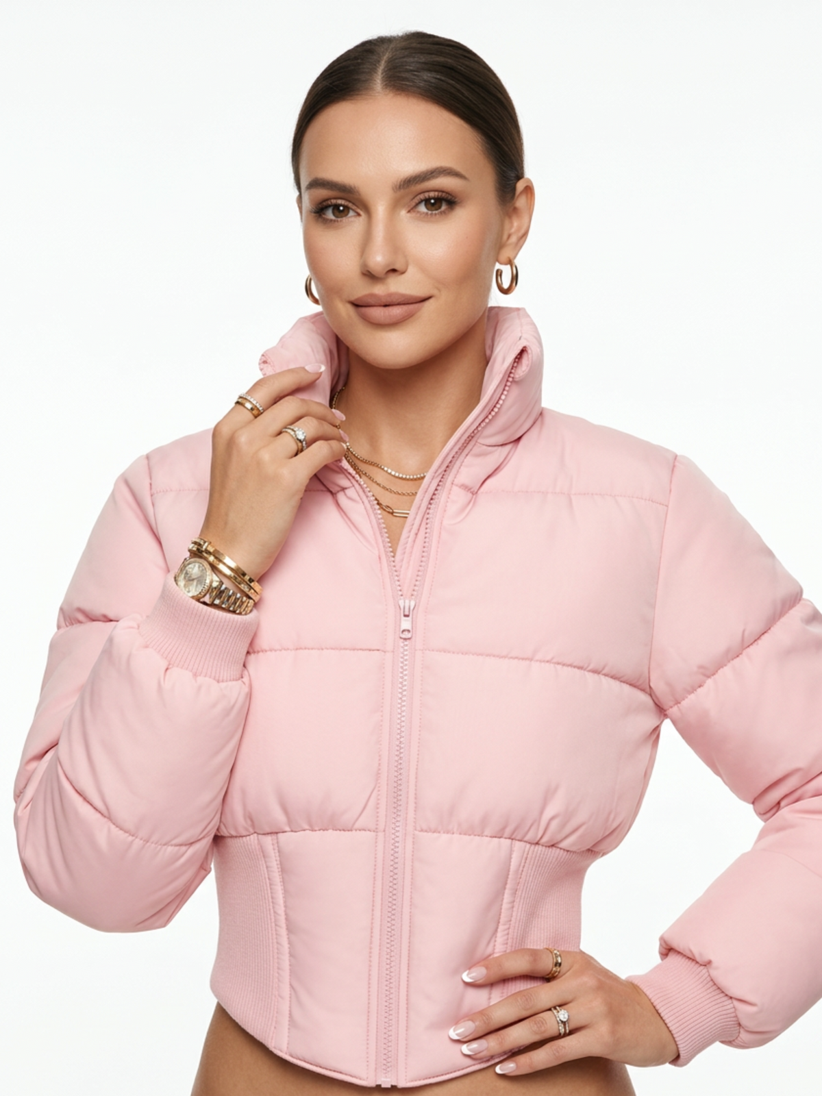 Solid Color Curved Hem Long Sleeve Puffer Jacket