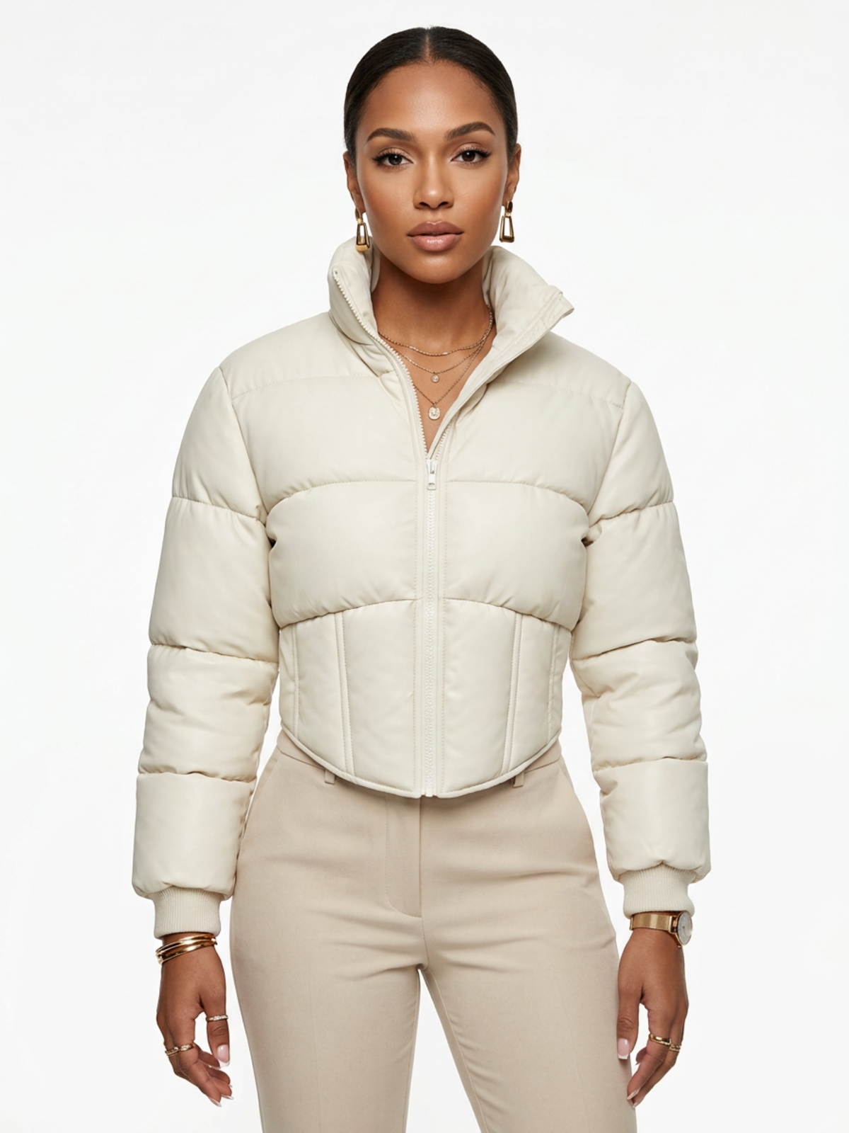 Solid Color Curved Hem Long Sleeve Puffer Jacket