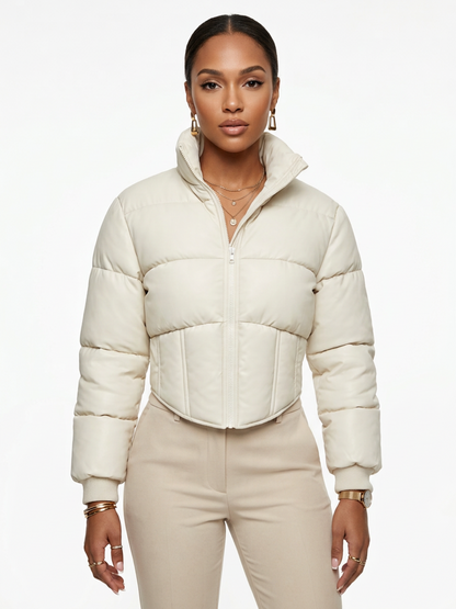 Solid Color Curved Hem Long Sleeve Puffer Jacket
