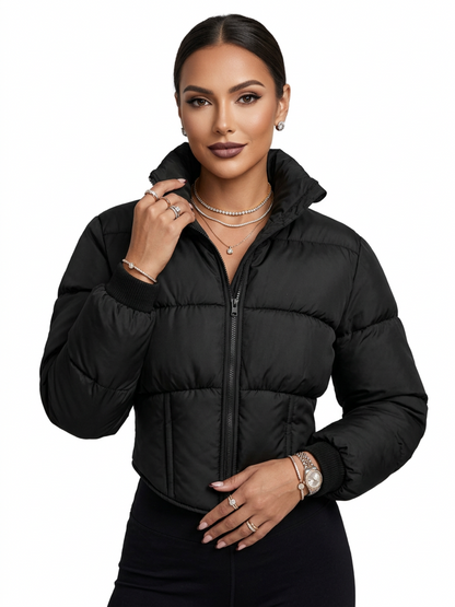 Solid Color Curved Hem Long Sleeve Puffer Jacket