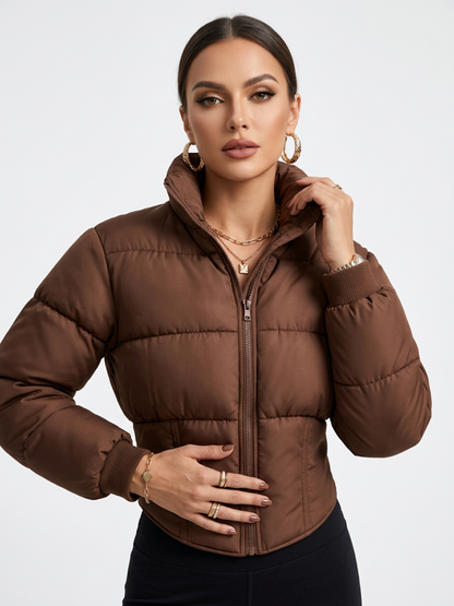 Solid Color Curved Hem Long Sleeve Puffer Jacket