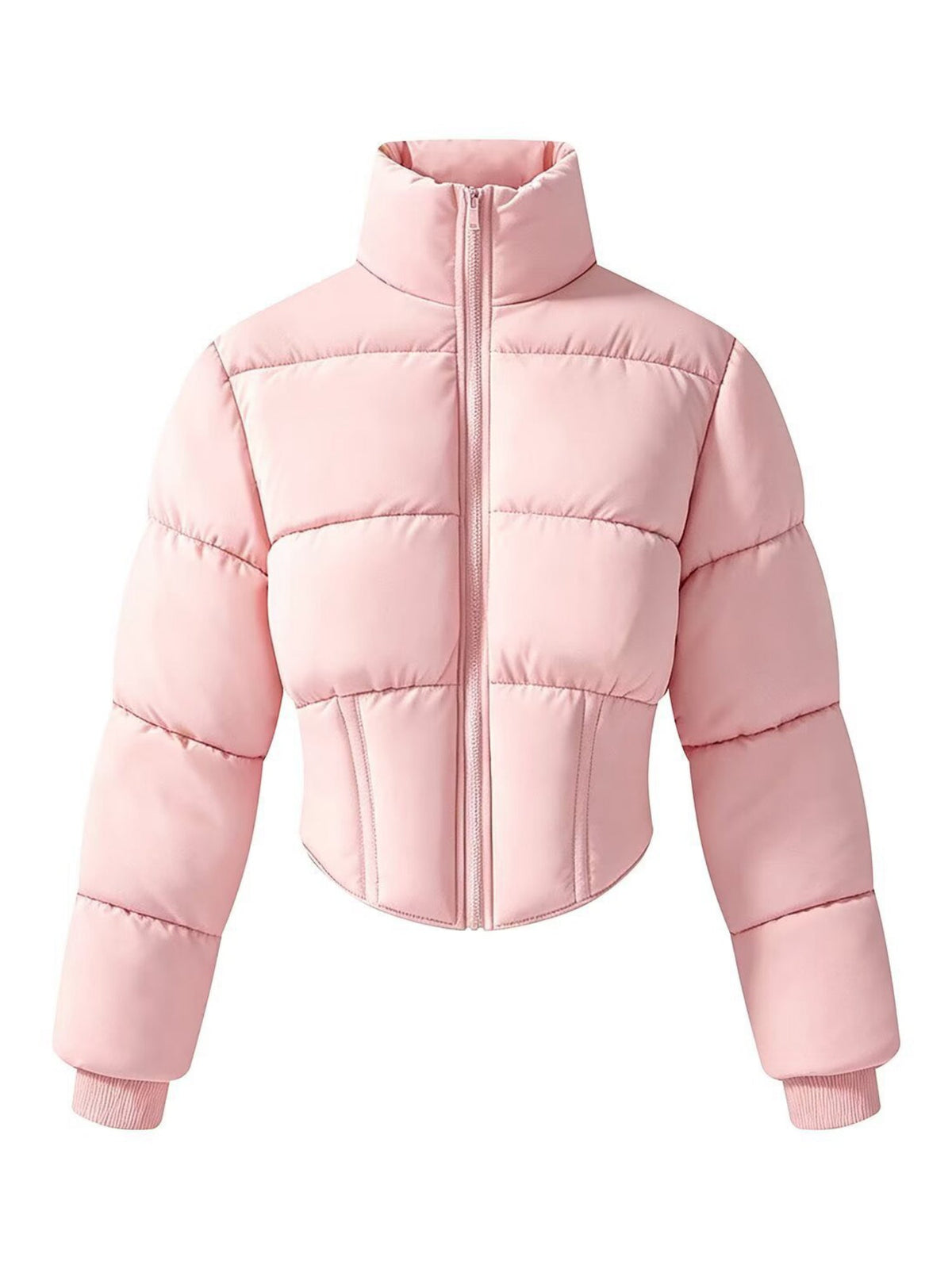 Solid Color Curved Hem Long Sleeve Puffer Jacket