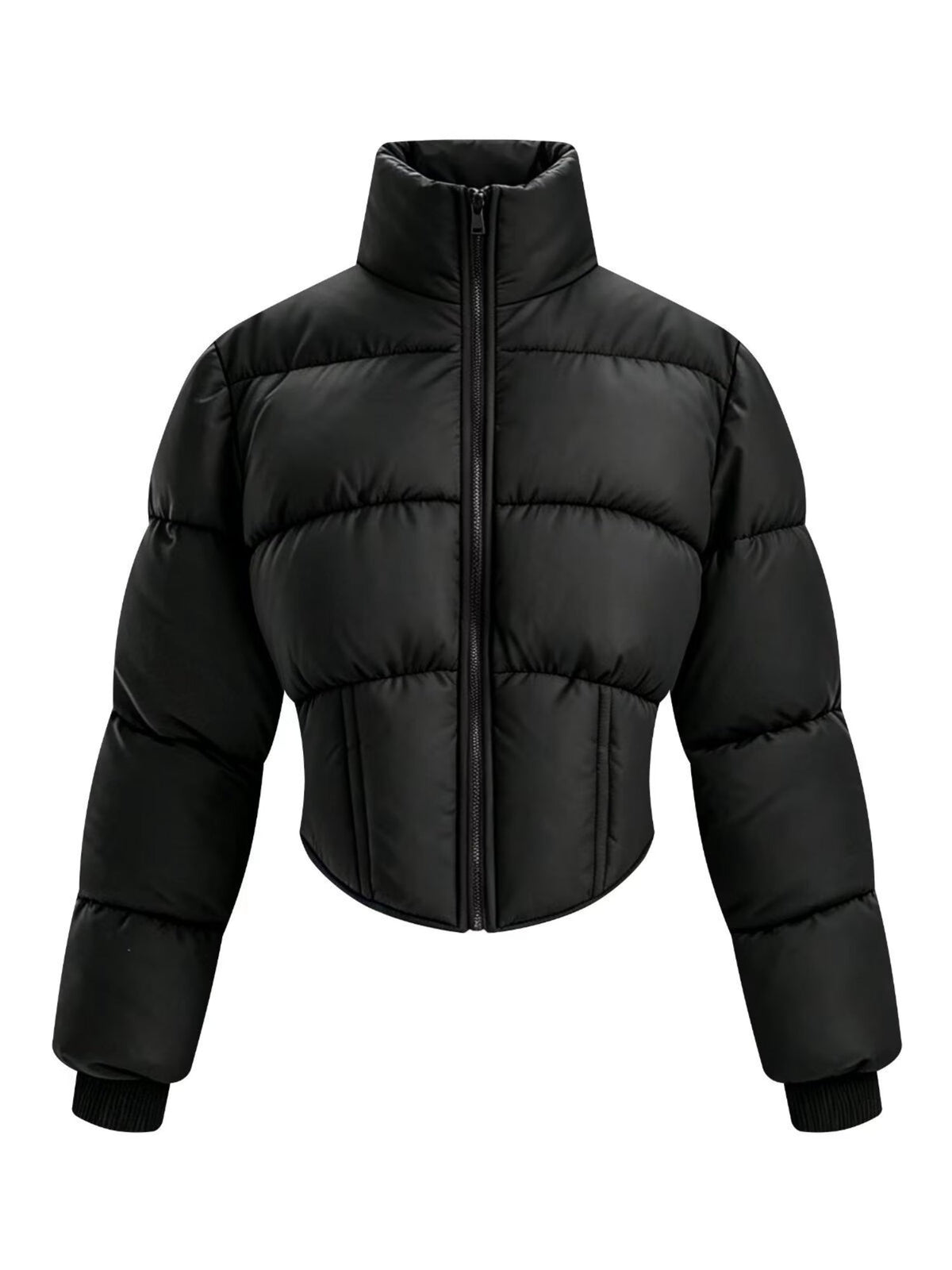 Solid Color Curved Hem Long Sleeve Puffer Jacket