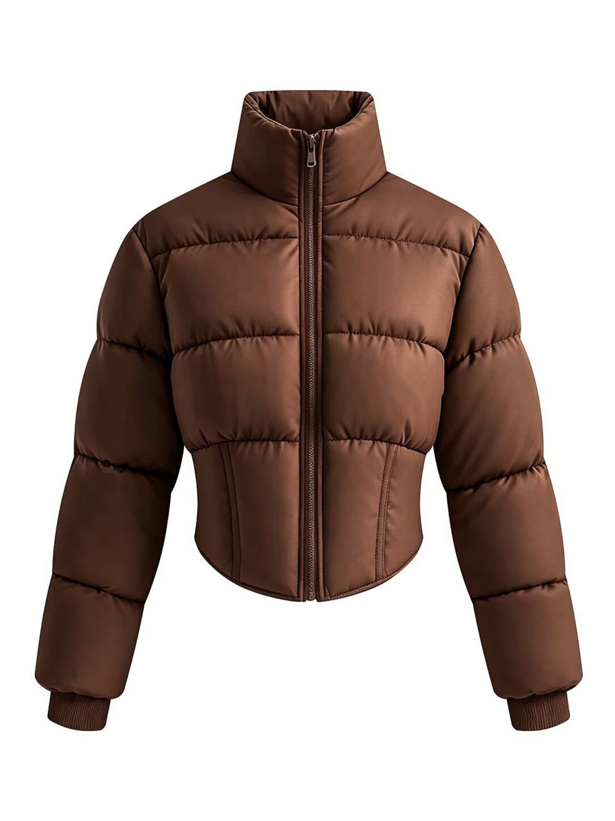 Solid Color Curved Hem Long Sleeve Puffer Jacket