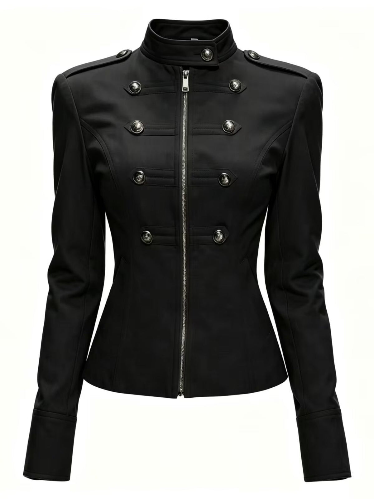 Solid Black Decorative Buttons Tailored Military Jacket