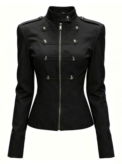 Solid Black Decorative Buttons Tailored Military Jacket