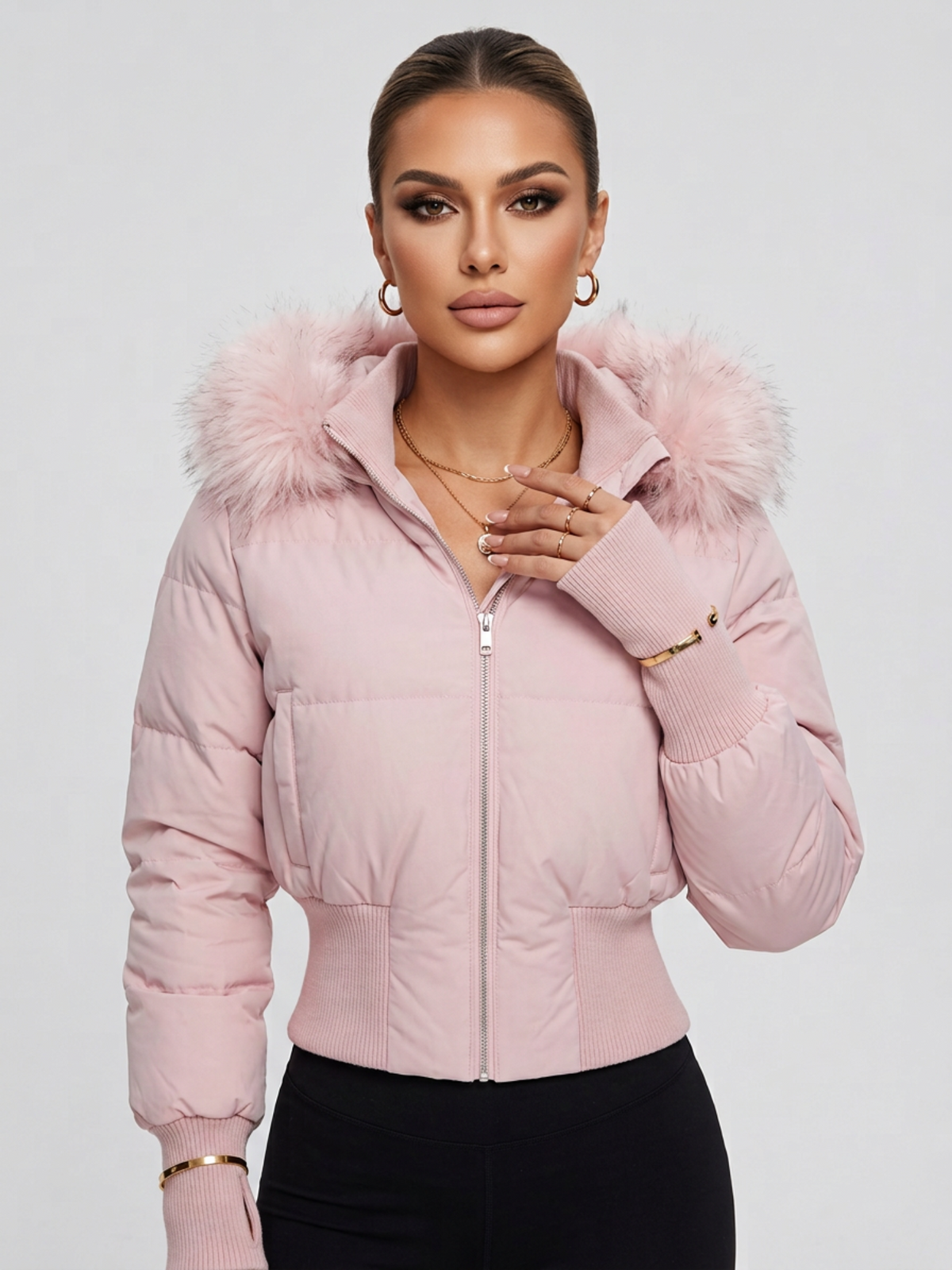 Slim Fit Faux Fur Hooded Short Puffer Outerwear