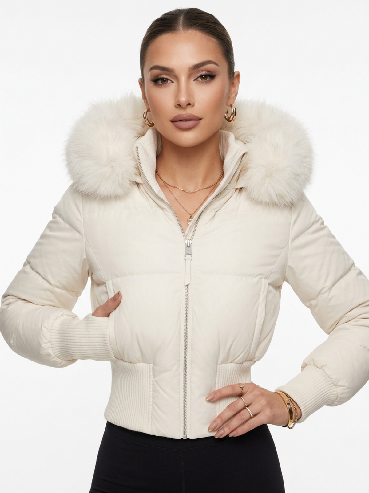 Slim Fit Faux Fur Hooded Short Puffer Outerwear