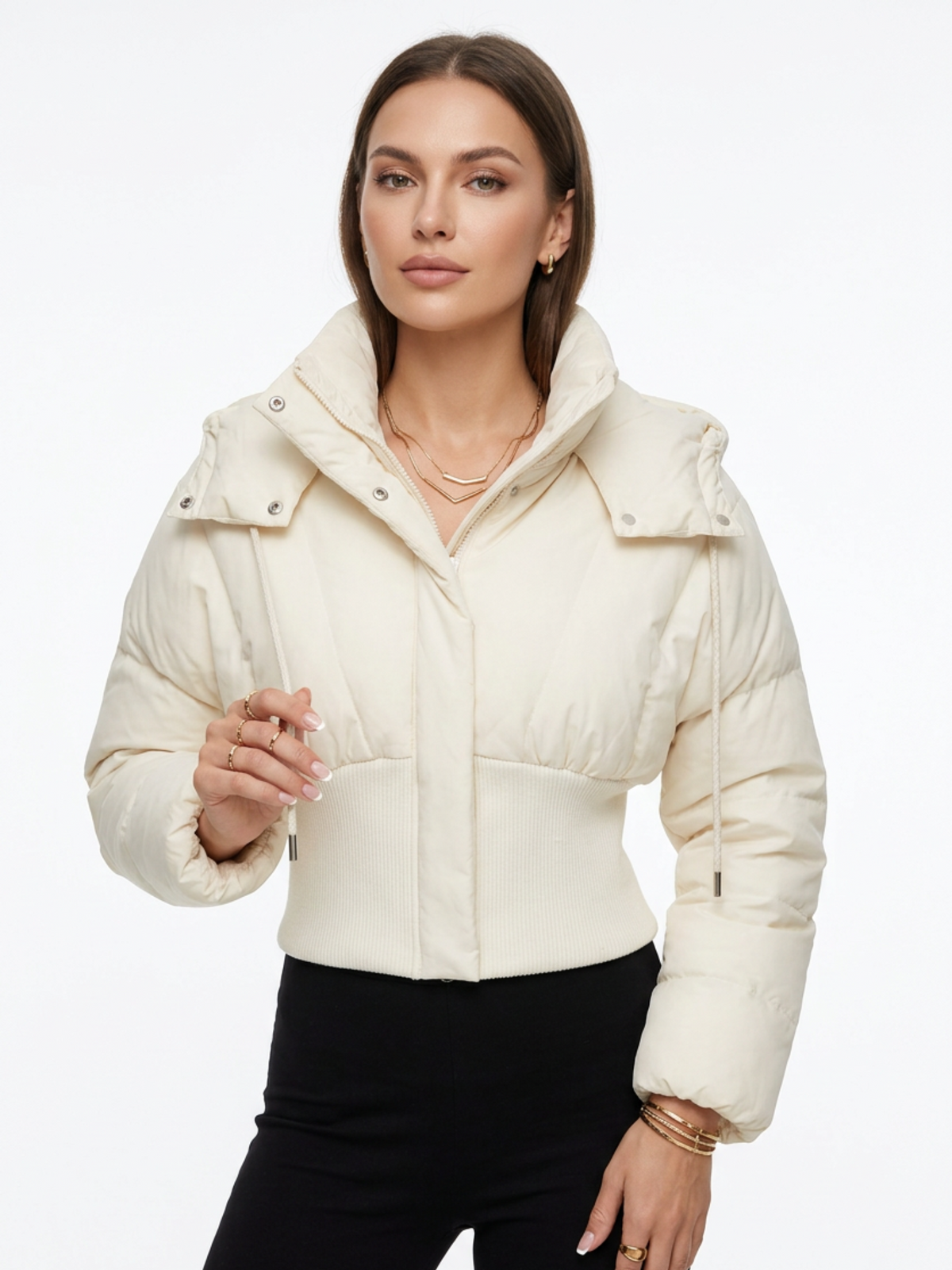 Drawstring Hood Rib Waist Cropped Puffer Coat for Women
