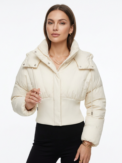 Drawstring Hood Rib Waist Cropped Puffer Coat for Women