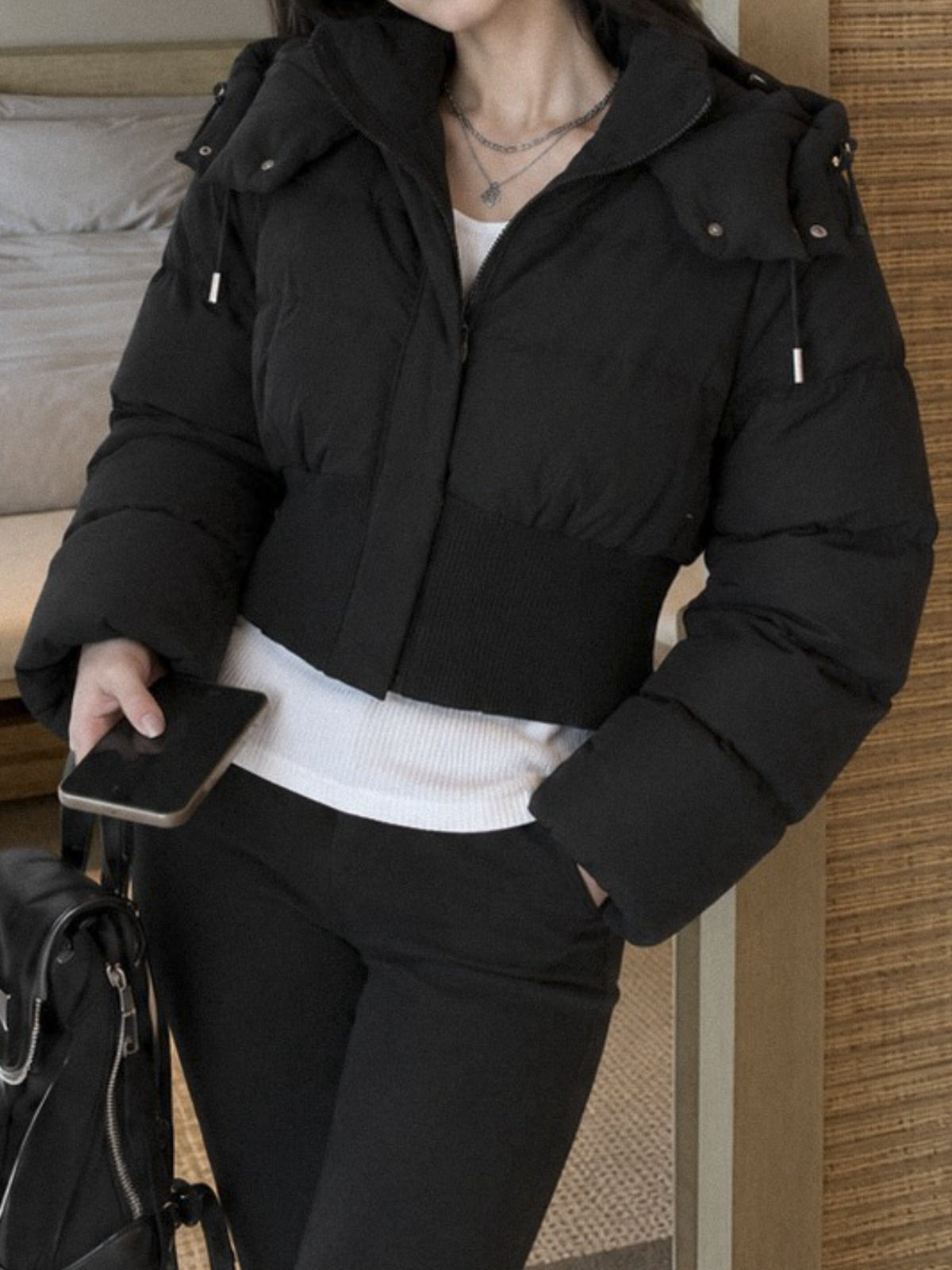 Drawstring Hood Rib Waist Cropped Puffer Coat for Women