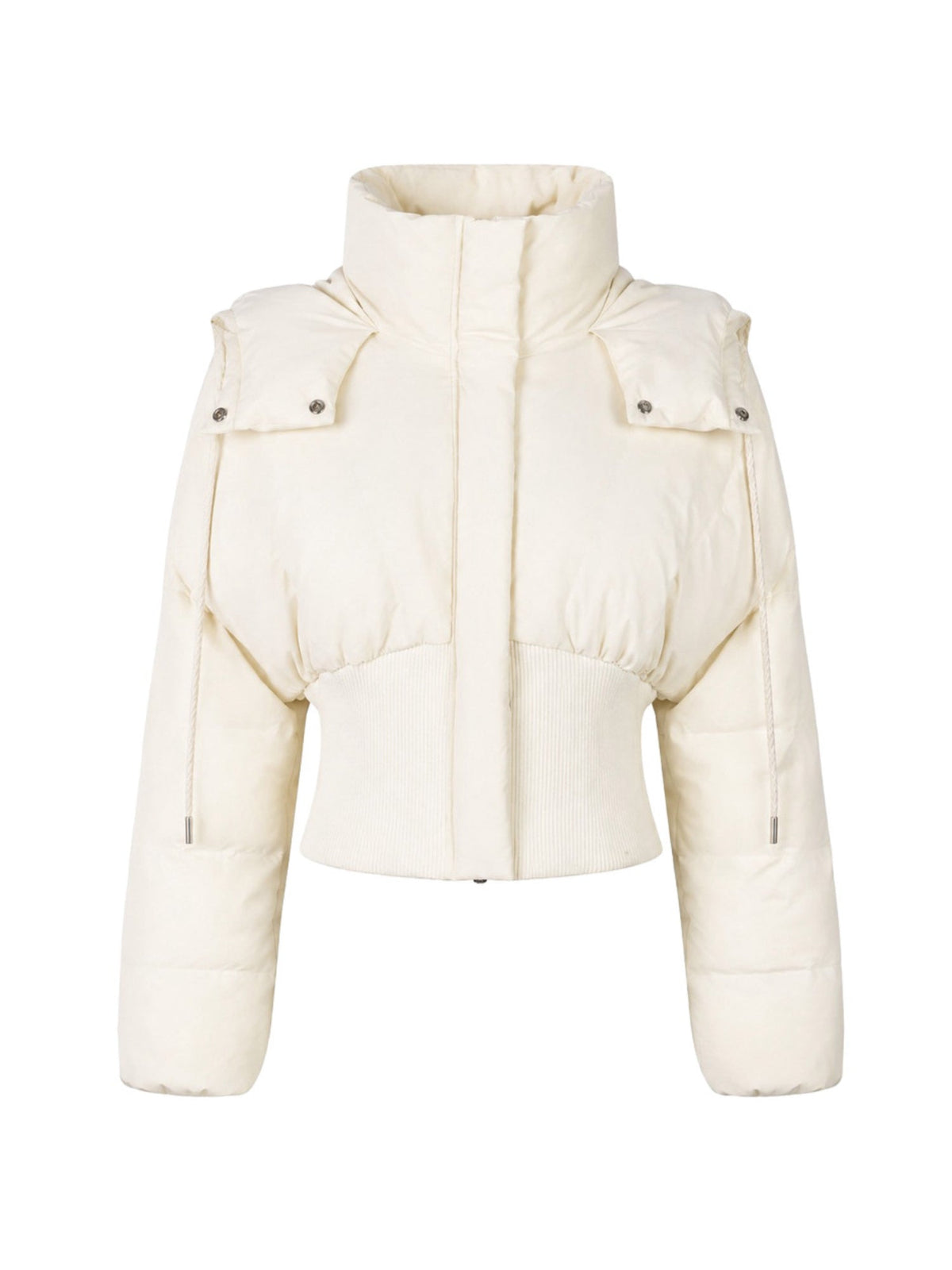 Drawstring Hood Rib Waist Cropped Puffer Coat for Women